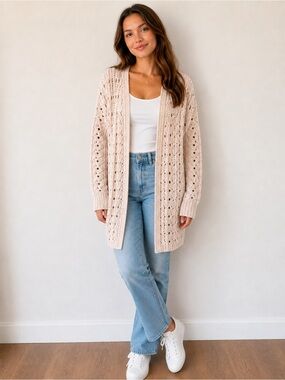 Chunky Open Front Knit Cardigan Sweater/Duster Cream Sz. Small